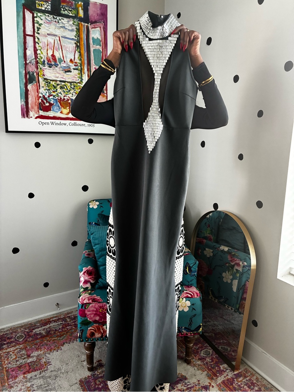 Fashion Nova Gray Maxi Dress with Silver Beaded Neckline